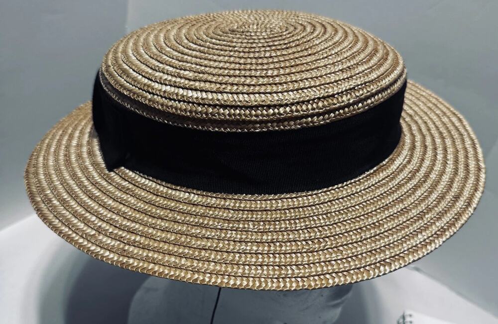 Fleur de Paris Straw Boater Fedora Hat Black Ribbon Band French Gatsby Madeline